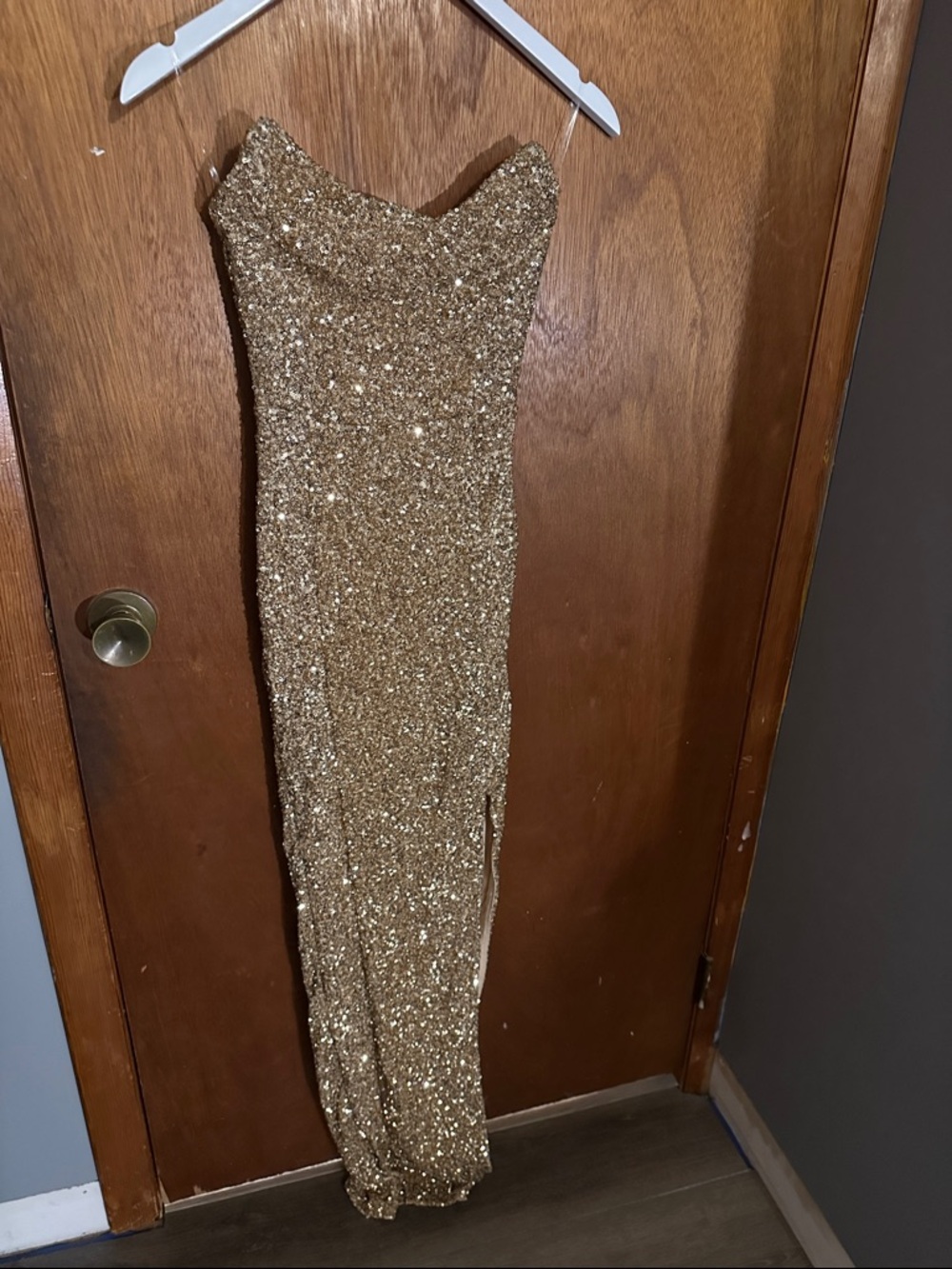 Oh Polly Gold Sequin Strapless Gown